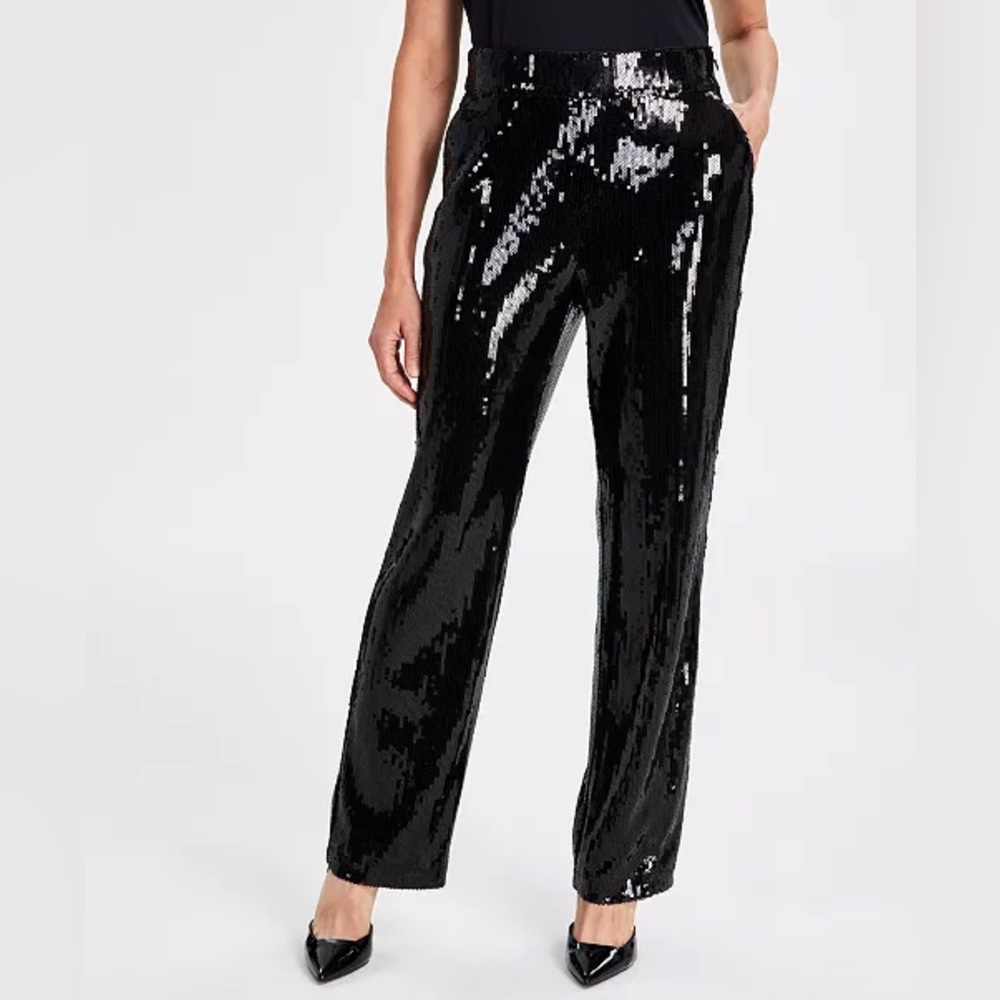 INC Black Sequin Straight-Leg Pants